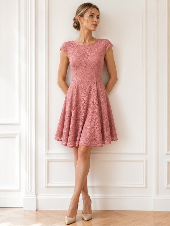 AUW Dresses & Skirts - AUW | Pink Lace Fit & Flare Dress | Size 12 | Cap Sleeve Feminine Occasion Dress